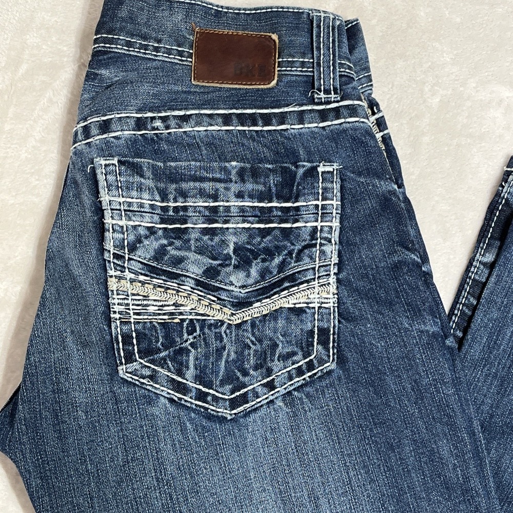 BKE Buckle Justin Mens 28x31 1/2 Distressed Straight Thick Stitch Jeans Jake EUC - Picture 3 of 16